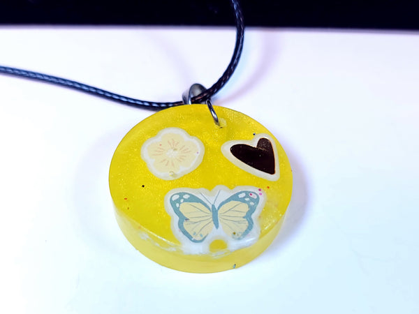 Dazzling Handmade - Yellow with Butterfly, Flower & Heart Design - Black Necklace