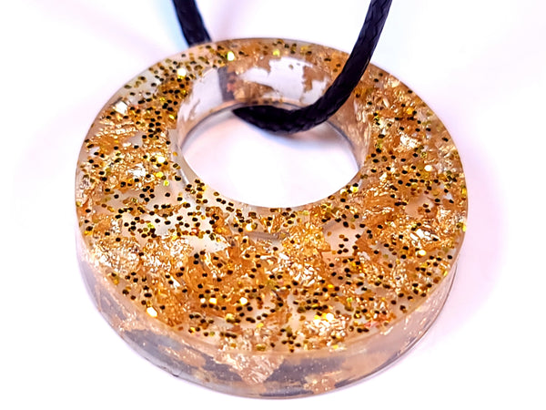 Dazzling Handmade - Clear with Yellow Gold Leaf Flakes - Black Necklace