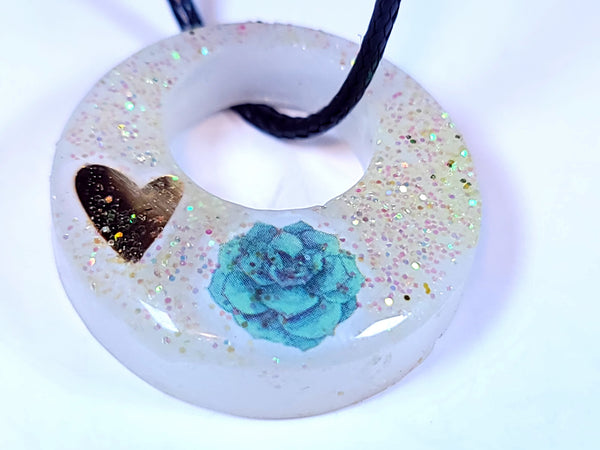 Dazzling Handmade - White with Blue Flowers, Sparkles & Heart- Black Necklace