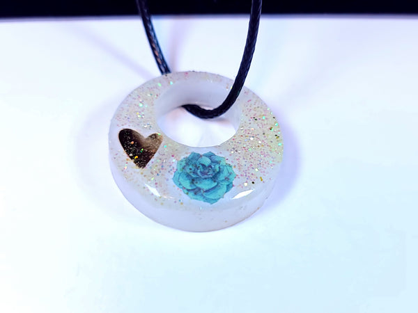 Dazzling Handmade - White with Blue Flowers, Sparkles & Heart- Black Necklace