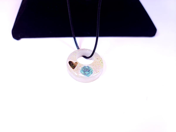 Dazzling Handmade - White with Blue Flowers, Sparkles & Heart- Black Necklace