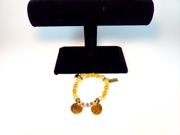 Handmade - Gold/Yellow Beaded MOM Letters_I-Love-You_Life-is-a-Gift Pendants Bracelet
