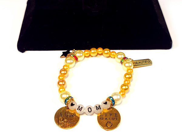 Handmade - Gold/Yellow Beaded MOM Letters_I-Love-You_Life-is-a-Gift Pendants Bracelet