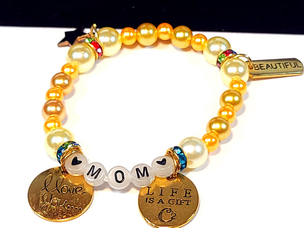 Handmade - Gold/Yellow Beaded MOM Letters_I-Love-You_Life-is-a-Gift Pendants Bracelet